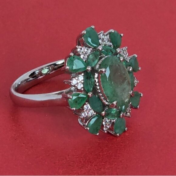 925 Sterling Silver Ring Sz 7 with Natural Emerald Gem & Cz - Picture 8 of 10
